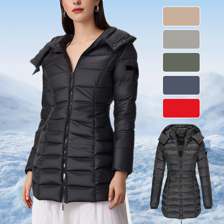 Veste matelassée mi-longue pour femmes, chaude et de couleur unie, à capuche
