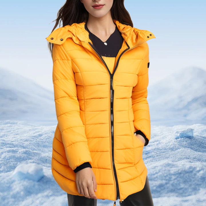 Veste matelassée mi-longue pour femmes, chaude et de couleur unie, à capuche