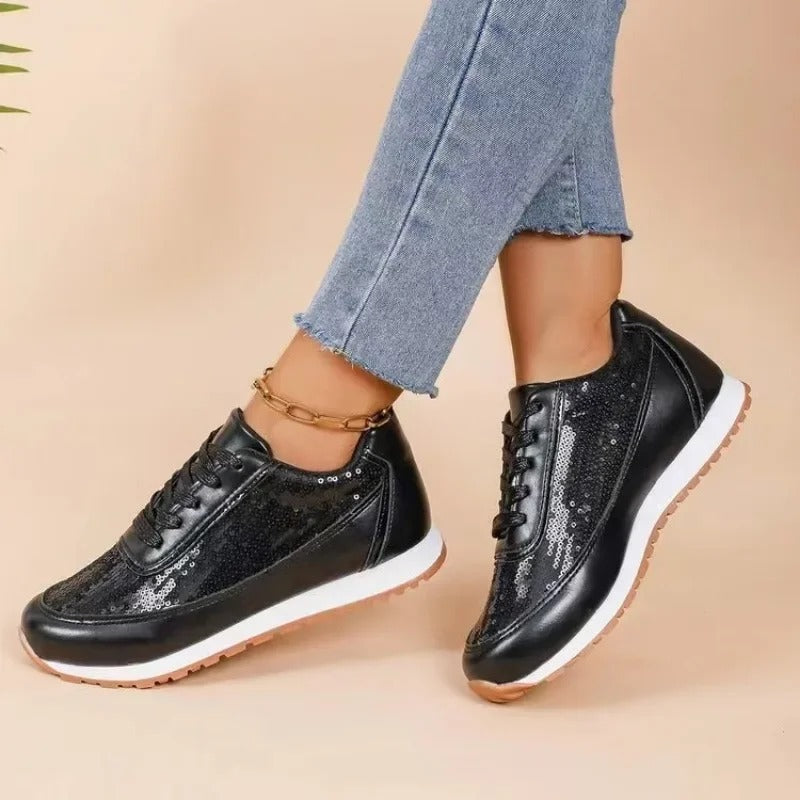 Emilia | Baskets de course confortables noir et argent