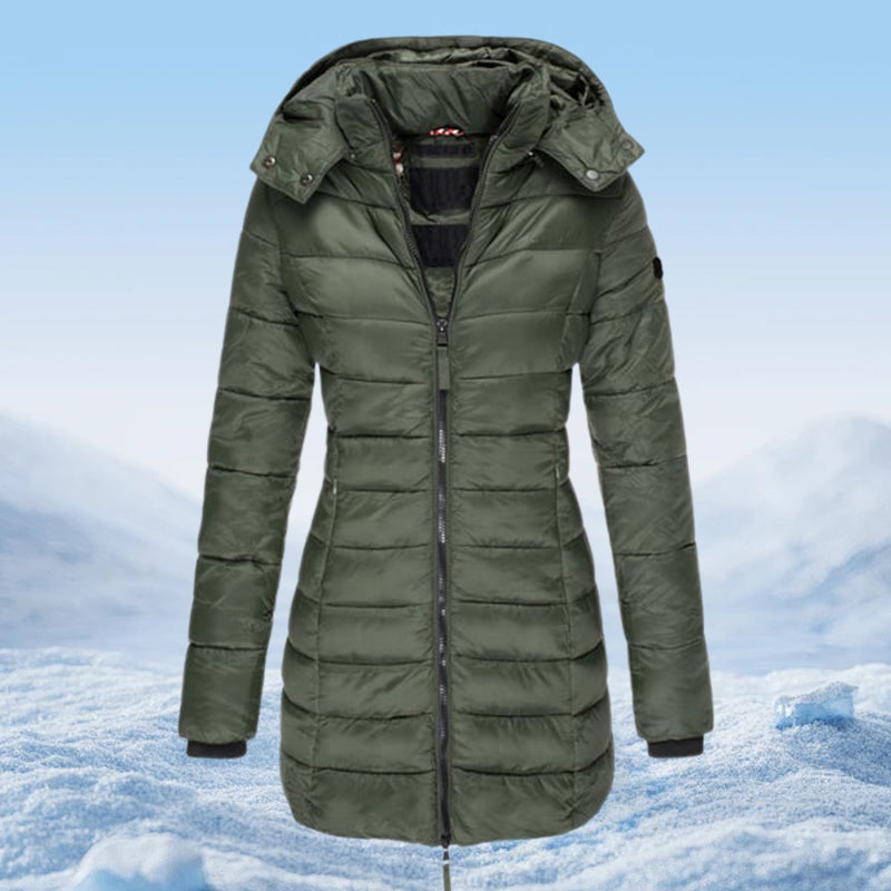 Veste matelassée mi-longue pour femmes, chaude et de couleur unie, à capuche