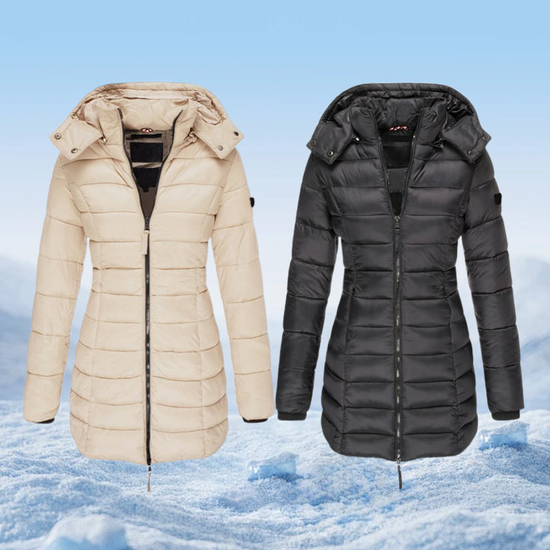 Veste matelassée mi-longue pour femmes, chaude et de couleur unie, à capuche