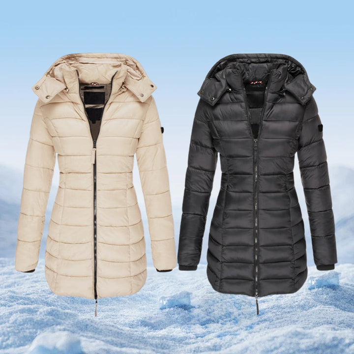 Veste matelassée mi-longue pour femmes, chaude et de couleur unie, à capuche