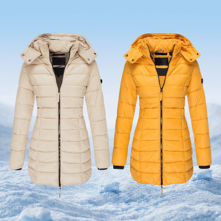Veste matelassée mi-longue pour femmes, chaude et de couleur unie, à capuche