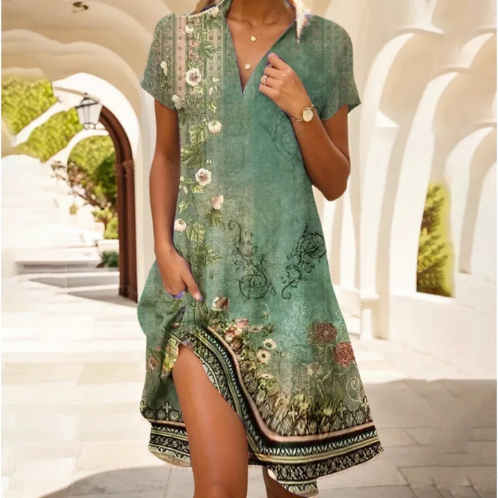 Carla™ | Robe florale boutonnée à col en V