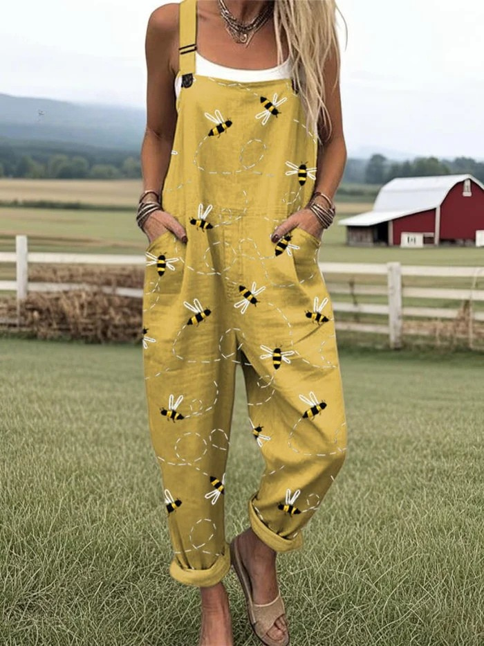 Combinaison Décontractée à Jambes Larges pour Femme – Motif Brodé Abeilles Volantes