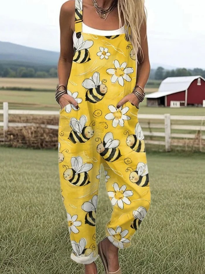 Combinaison Décontractée à Jambes Larges pour Femme – Motif Brodé Abeilles Volantes
