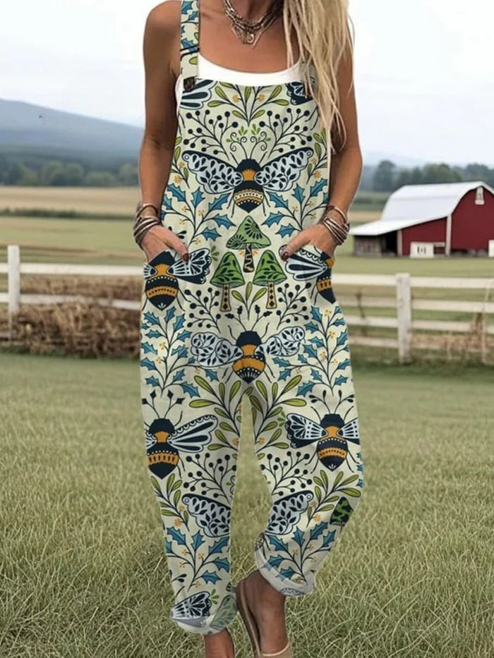 Combinaison Décontractée à Jambes Larges pour Femme – Motif Brodé Abeilles Volantes