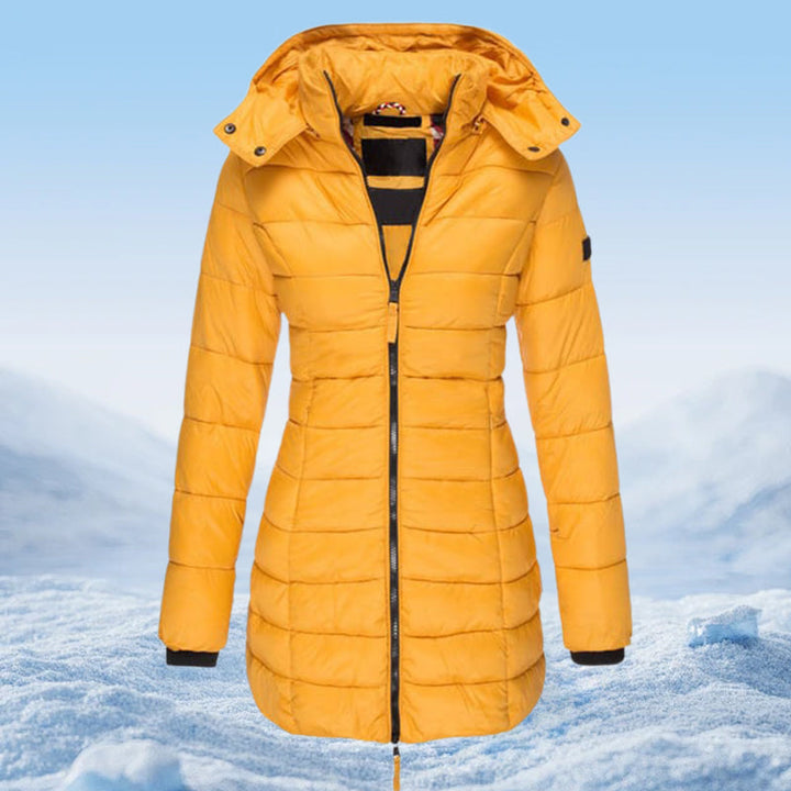 Veste matelassée mi-longue pour femmes, chaude et de couleur unie, à capuche