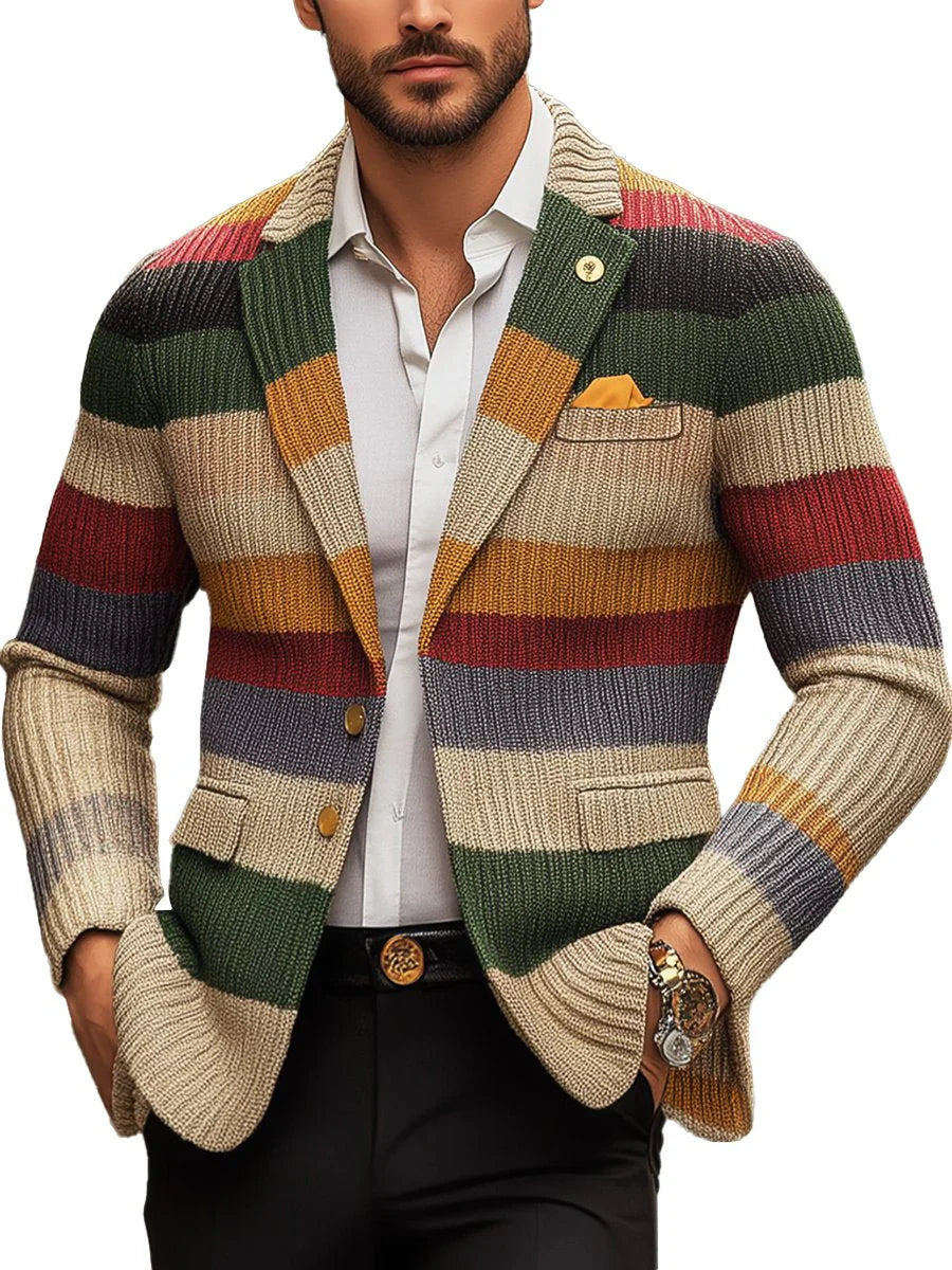 Cardigan Décontracté En Tricot À Manches Longues Et Revers Rayés Arc-en-ciel Pour Hommes