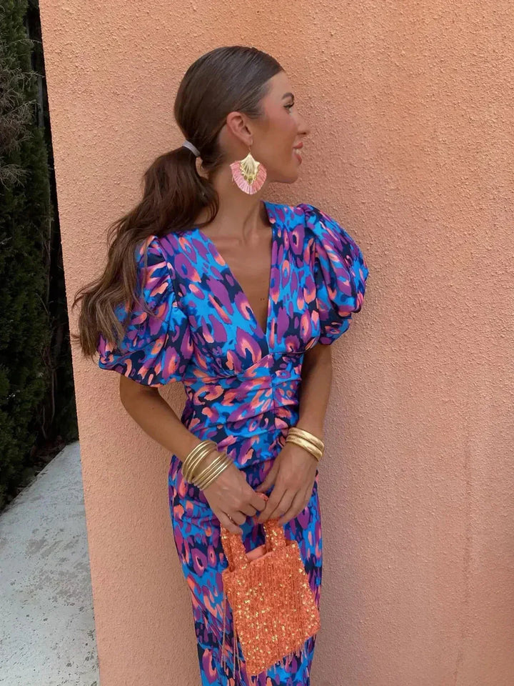 Arielle™ | Robe Midi à Manches Plissées Colorées
