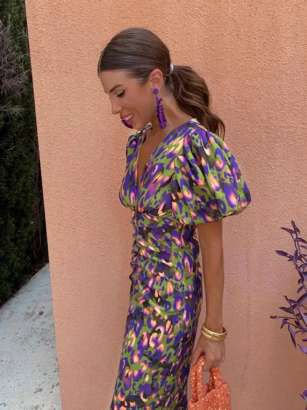 Arielle™ | Robe Midi à Manches Plissées Colorées