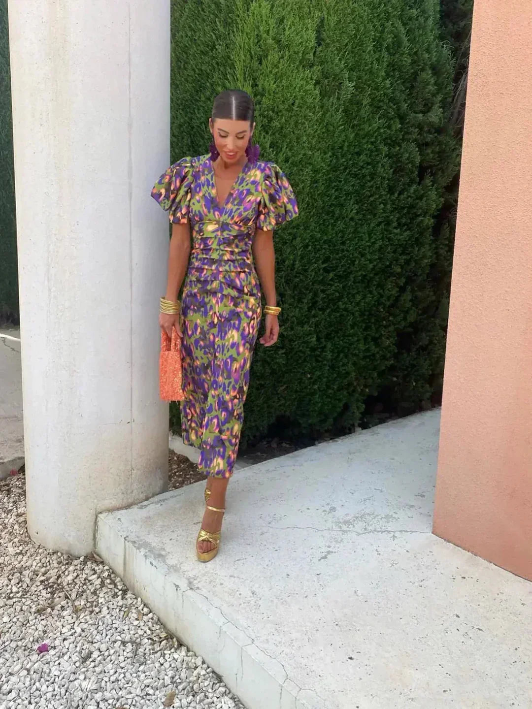 Arielle™ | Robe Midi à Manches Plissées Colorées