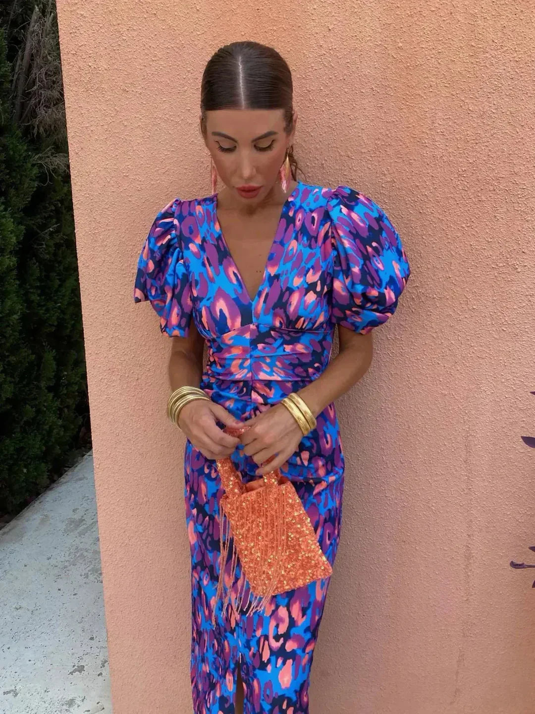 Arielle™ | Robe Midi à Manches Plissées Colorées