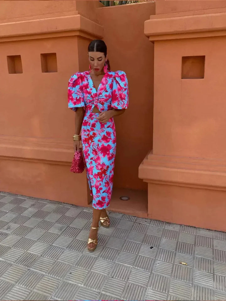 Arielle™ | Robe Midi à Manches Plissées Colorées