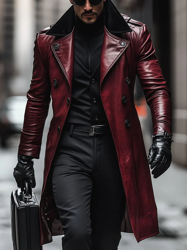 Manteau En Cuir Vintage À Double Boutonnage Et À Revers Contrasté