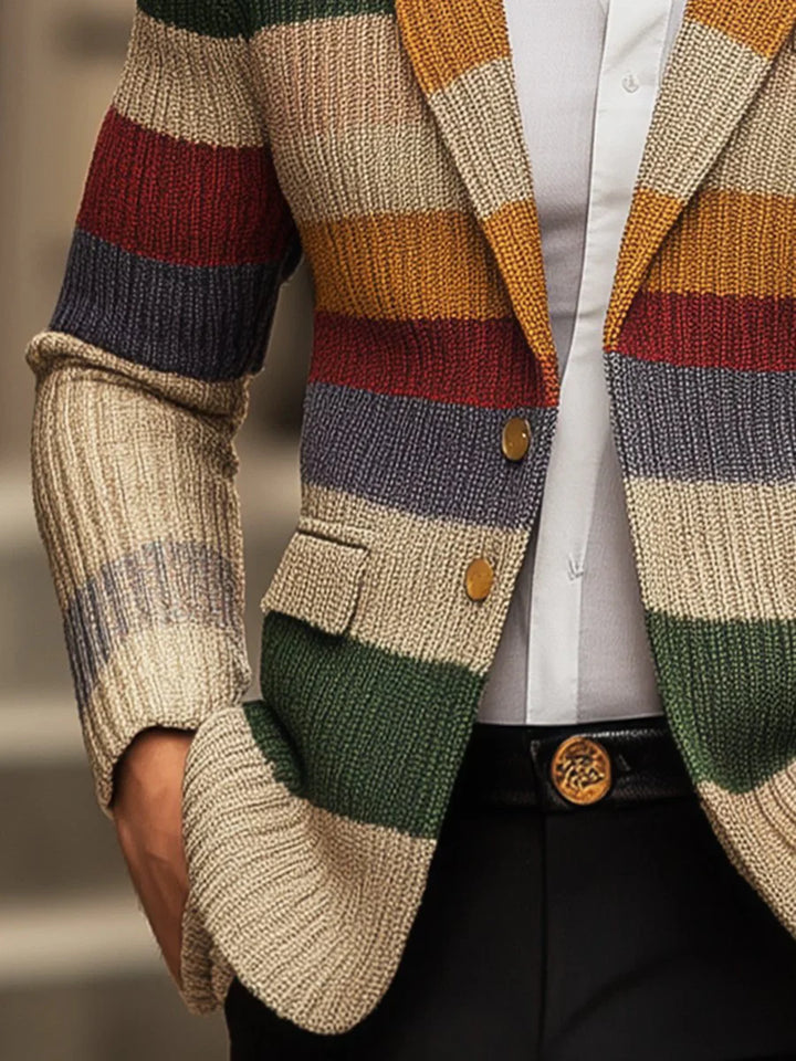 Cardigan Décontracté En Tricot À Manches Longues Et Revers Rayés Arc-en-ciel Pour Hommes
