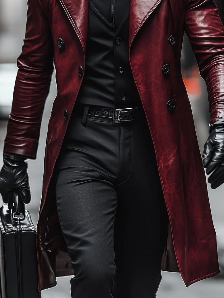 Manteau En Cuir Vintage À Double Boutonnage Et À Revers Contrasté