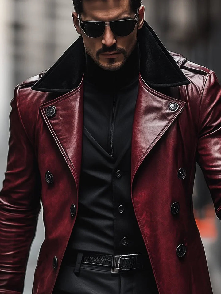 Manteau En Cuir Vintage À Double Boutonnage Et À Revers Contrasté
