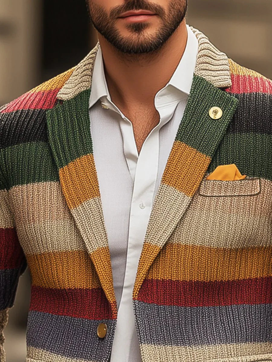 Cardigan Décontracté En Tricot À Manches Longues Et Revers Rayés Arc-en-ciel Pour Hommes